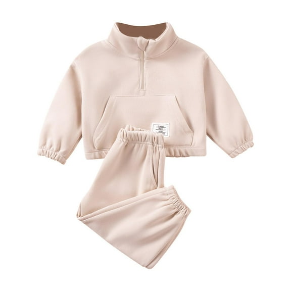 Auroural Clothes Sets for Girls 2T Boys' And Girls' Fall/Winter Solid Color Stand Up Hoodie Set With Velvet Zipper Large Pocket Casual Long Sleeve Sports Leg Tight Pants Two Piece Set Beige 2 Years