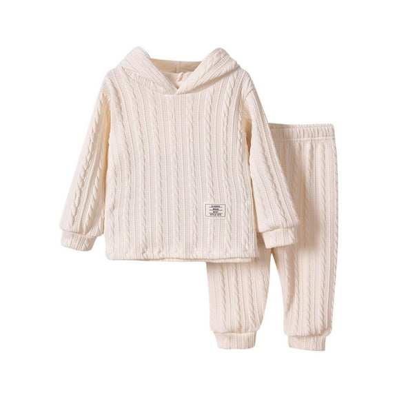 Auroural Clothes Sets for Girls 2T Fall And Winter Girls' Solid Color Hooded Sweater Dough Twists Knitting Casual Suit Solid Color Binding Feet Two-piece Long Sleeve Hooded Suit Beige 2 Years