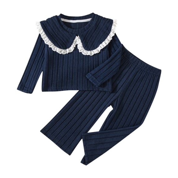 Auroural Clothes Sets for Girls 2T Spring And Fall Girls' Long Sleeve Collar Doll Collar Casual Solid Color Set Fashion Collar Two Piece Set Long Sleeve Collar Set Navy 2 Years