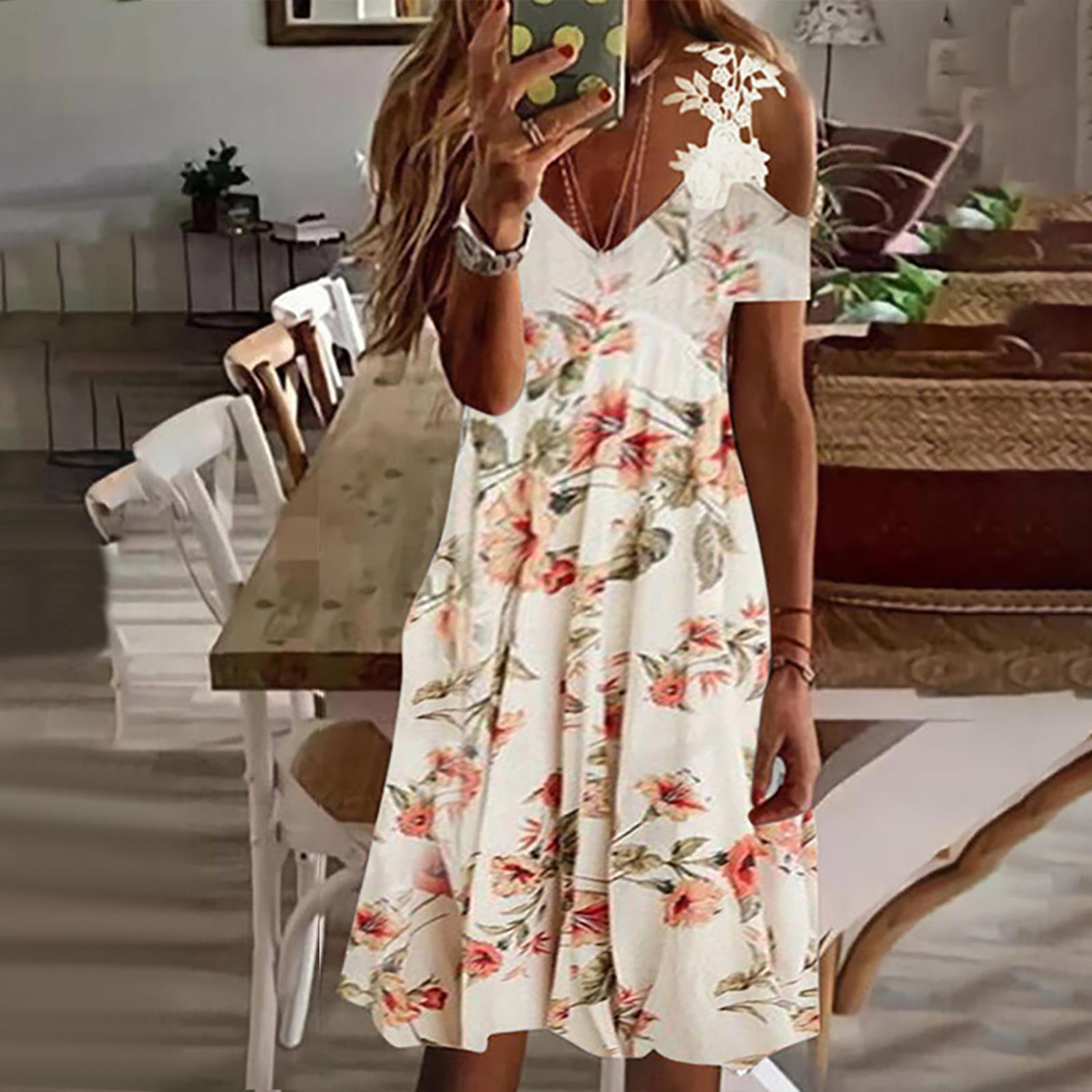 Auroural Dresses That Hide Tummy Bulge Women Casual Slimming Draw Back  Printed Short Sleeves V-Neck Lace Cold Shoulder Dress - Walmart.com