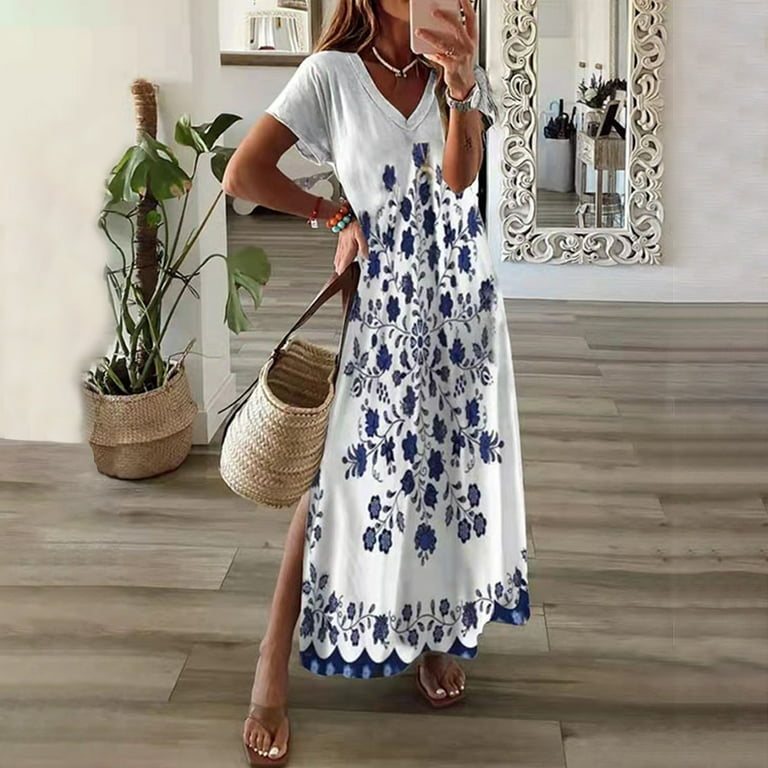 Fjofpr Dresses That Hide Tummy Bulge Women's Summer Casual V-Neck Short  Sleeve Vacation Printed Split Resort Style Dresses