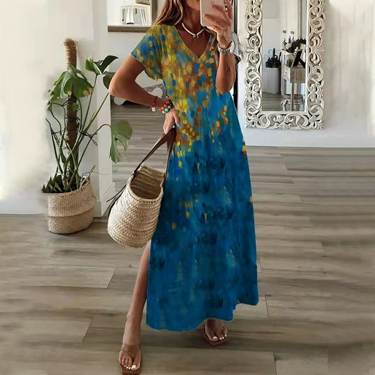 Auroural Dresses That Hide Tummy Bulge Women's Summer Casual V-Neck Short  Sleeve Vacation Printed Split Resort Style Dresses
