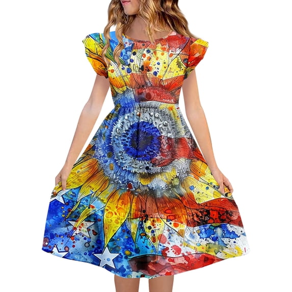 Auroural Dresses for Toddlers 5T Girl's Summer 250 Year Celebration Printing Pleated Sleeve Dress for 5-14 Years Old