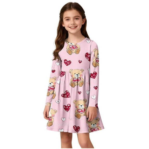 Auroural Dresses for Toddlers 5T Girls Heart Print Long Sleeve Stretchy Dress A Line Twirly Skater School Recital Dress Long Sleeve Round Neck Dress