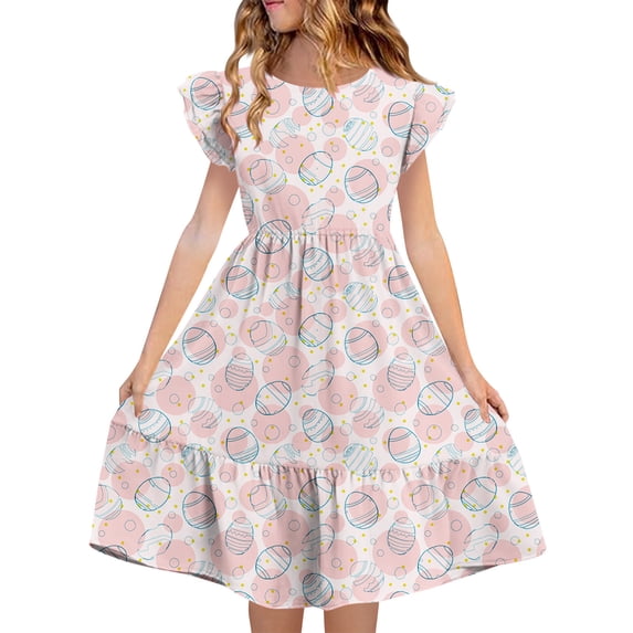 Auroural Easter Dresses Girls 7/8 Girls Dresses Size 7-8 Short Sleeve Children's Summer Printing Double-Layer Pleated Sleeve Dress For 5-14 Years Old