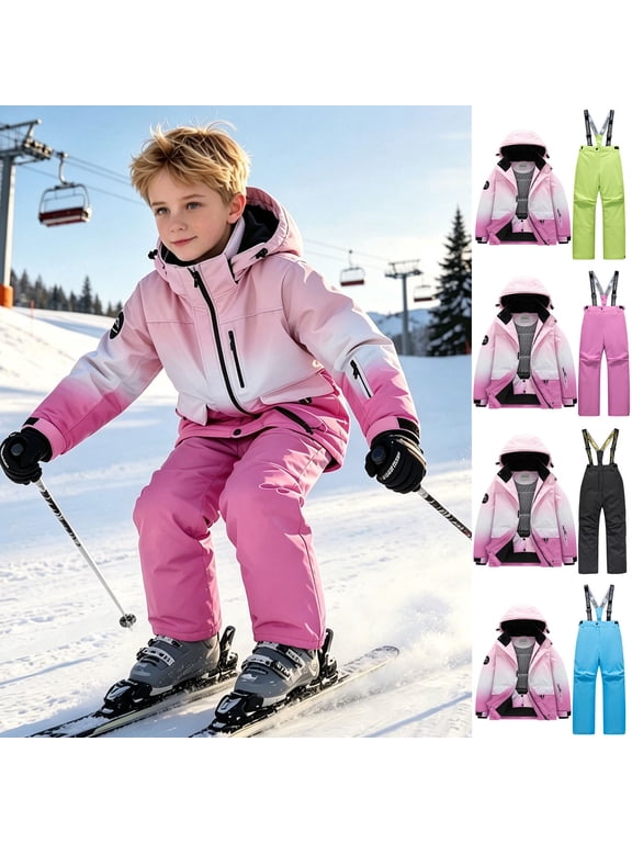 Girls Two Piece Snow Suits Size 10 12 Fashion Children's Ski Suit Windproof Warm Children's Skiing Set Winter Zip Up Jacket Hooded Long Gradient Printing Pant