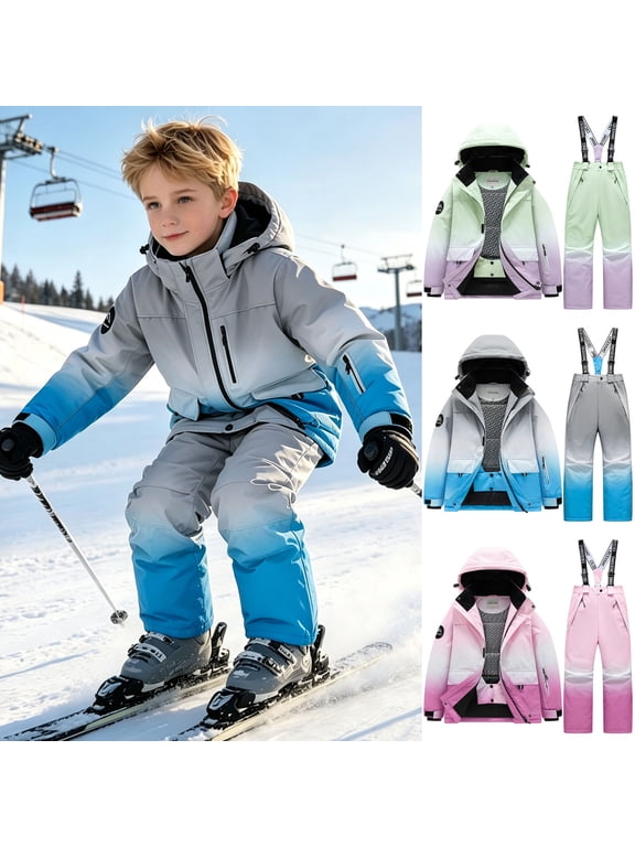 Boys Ski Suit Size 12 Fashion Children's Ski Suit Windproof Warm Children's Skiing Set Winter Zip Up Jacket Hooded Long Gradient Printing Pant