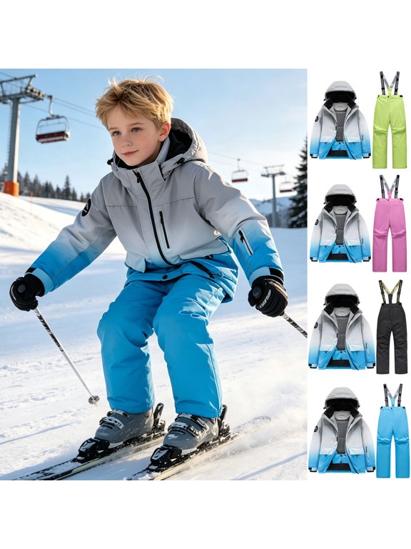 Girls Ski Suit Size 8 Fashion Children's Ski Suit Windproof Warm Children's Skiing Set Winter Zip Up Jacket Hooded Long Gradient Printing Pant