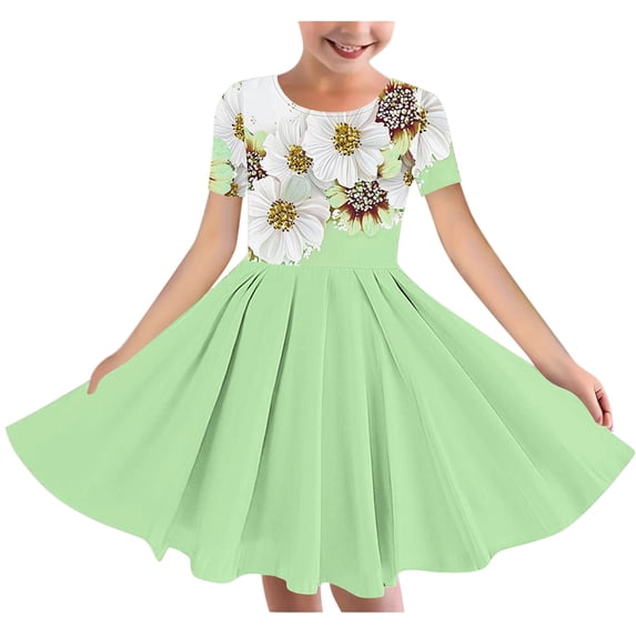 Auroural Girl's Flower Print Stretchy Dress Short Sleeve Round-Neck Dress Dance Skirt For Kids