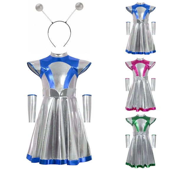 Auroural Silver Girls' Alien Party for Kids Girls' Alien Dress Space Girl Dress Metallic Dance Dress Headband Space Astronaut Dresses Carnival Fancy Dress Performance Dance Dress