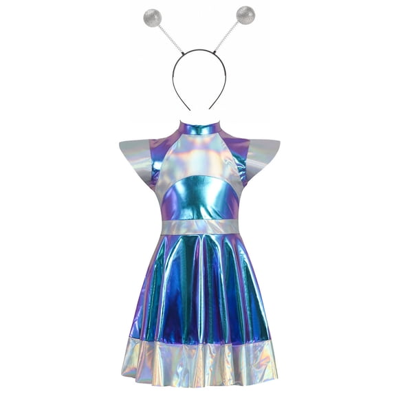 Auroural Girls Birthday Space Themed Party Girls' Alien Dress Space Girl Dress Metallic Dance Dress Headband Space Astronaut Dresses Carnival Fancy Dress Performance Dance Dress