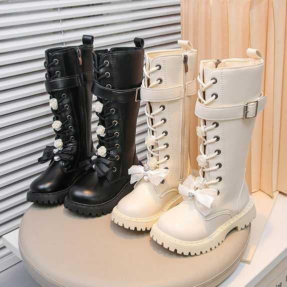 Auroural Girls Boots Size 13.5 Fall And Winter Zipper High-Top Leather Boots For Older Children Fashionable Student Boots For Little Girls Princess Style Long Boots Casual And Easy-matching 8.5 Years