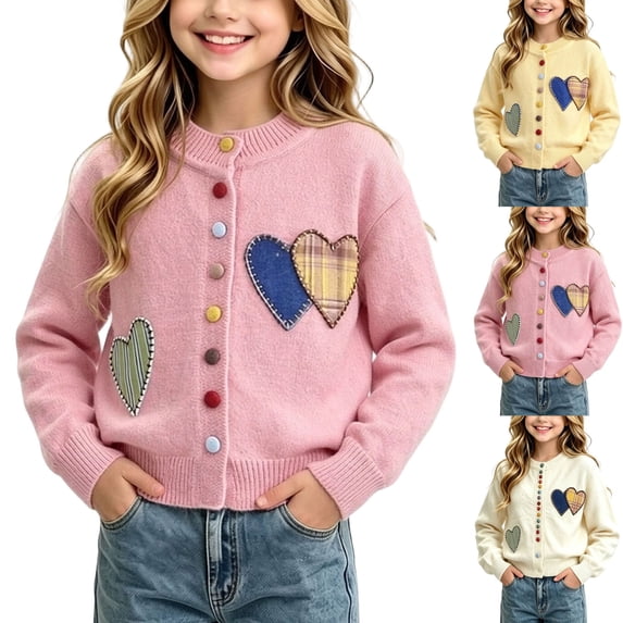 Auroural Girls Cardigan Sweater Girls Heart Patch Knit Cardigan Long Sleeve Colorful Button Down Crew Neck Sweater Coat Kids 1-10 Years