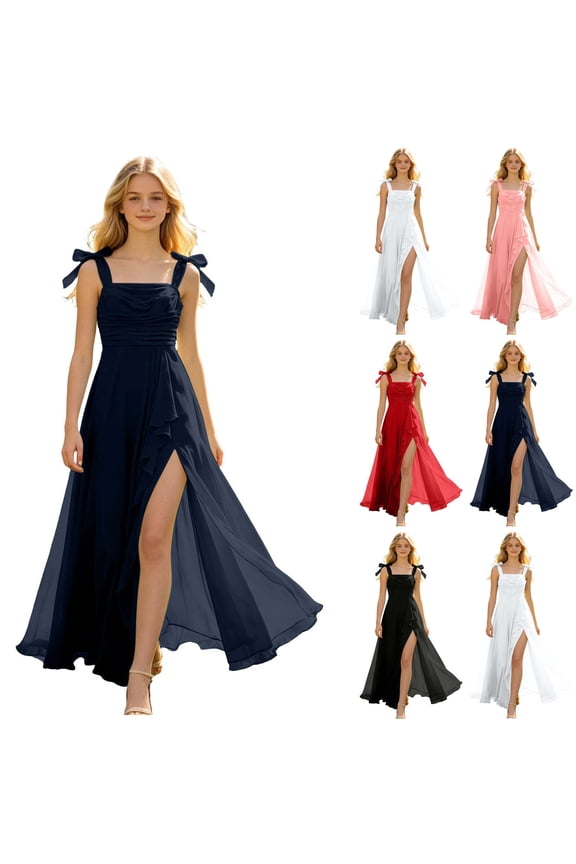 LOOK! Auroural Girls Chiffon Junior Bridesmaid Dress With Bow Straps Long A-Line Slit Formal Gown For Wedding Party（5-14Years）