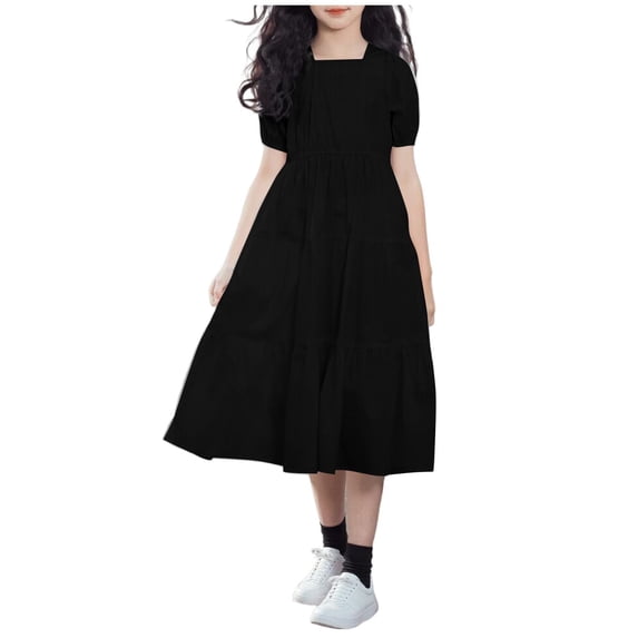 Auroural Girls Clothes 14-16 Outfits Girls' College Style Solid Color Dress with Sleeves and Round Neck Summer Dress Mid To Long Length Dress for Teenagers