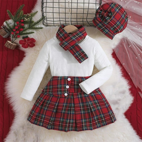 Auroural Girls Clothes 7-8 Sets Casual Girls Skirt Set Long Sleeve Girls' Christmas Long Sleeved Shirt Plaid Skirt With Hat And Scarf Four Piece Set 7 Years