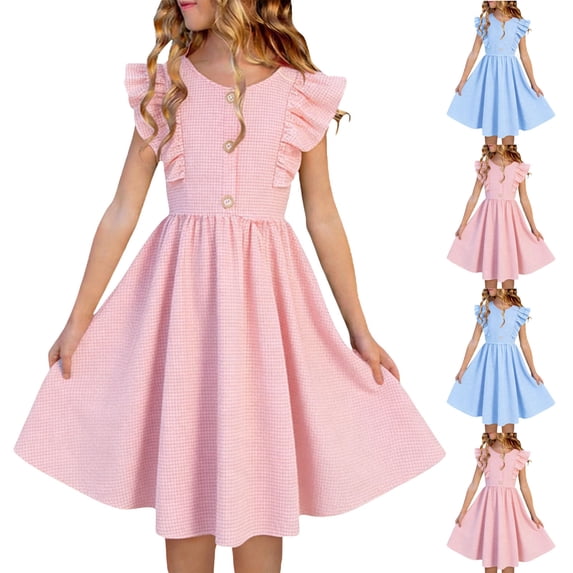 Auroural Girls Clothes 9-10 Years Old Children's Summer Solid Color Round Neck Fine Short Sleeve Top Dress Kids Girls Summer Dresses