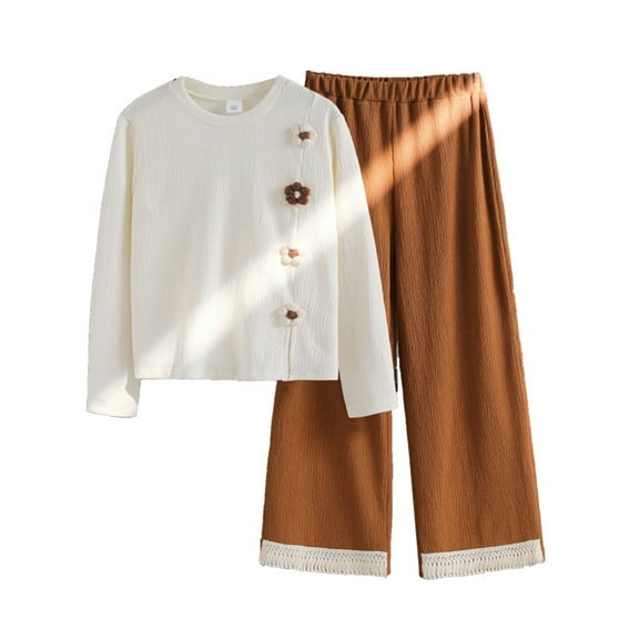 Auroural Girls Clothes Sets Boys Clothes Sets Children's Winter Solid Color Long Sleeved Round Neck Sweatshirt And Two Piece Pants Casual Sports Suit For Kids Beige 9-10Years