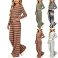 thumbnail image 1 of Auroural Girls Clothes Sets Size 8 Girls Striped Ribbed 2 Piece Outfit Long Sleeve Crew Neck Crop Top Wide Leg Pants Slim Fit Top and Pant Set 7-15 Years, 1 of 9