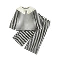 thumbnail image 1 of Auroural Girls Clothes Size 6 2 Piece Outfit for Girls Children's Winter Striped Suit Lapel Baby Collar Long-sleeved Top And Long Pants Black 6-7Years, 1 of 5