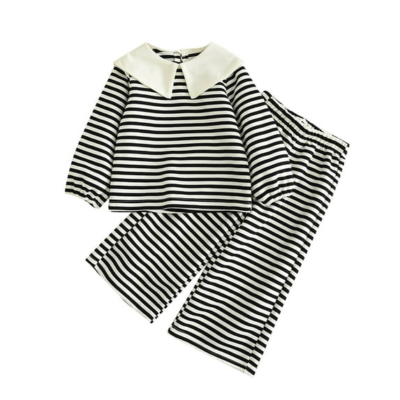 Auroural Girls Clothes Size 6 2 Piece Outfit for Girls Children's Winter Striped Suit Lapel Baby Collar Long-sleeved Top And Long Pants Black 6-7Years