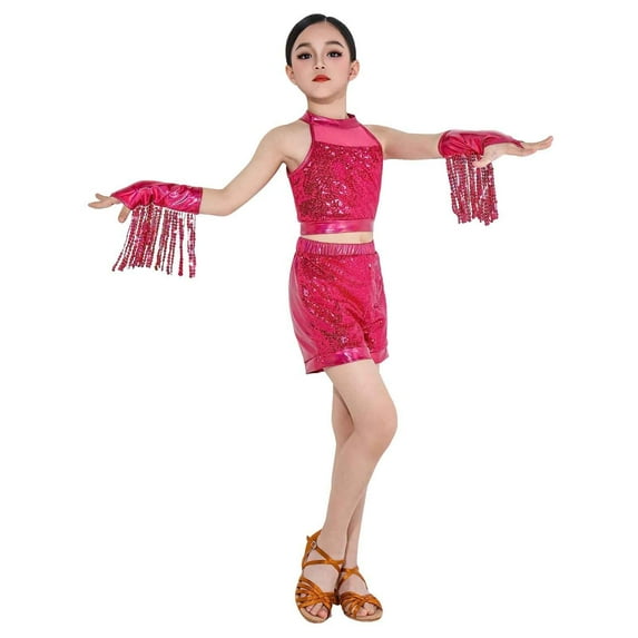 Auroural Girls Clothes Size 6 Clothes Sets for Girls Children's Solid Color Sleeveless Sequin Top Elastic Waisted Shorts Mid Size Children's Split Performance Suit With Sleeves Set Hot Pink 7 Years