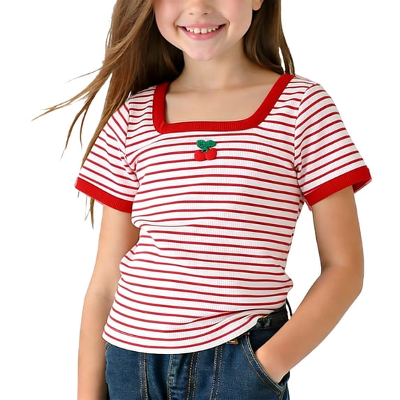 Auroural Girls Clothes Size 6 Girls Shirts Size 6 Children'S Spring And Summer Tops Girls Striped Loose Basic Tee Solid Color Short Sleeves Round Neck T-Shirt Top for Kids