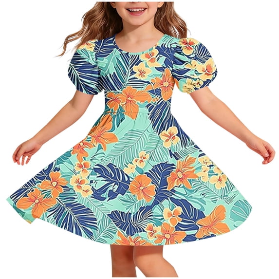 Auroural Girls Dresses 9 Years Old Girl's Flower Print Round Neck Short Sleeve Dress Classic Girls Back Summer Dress