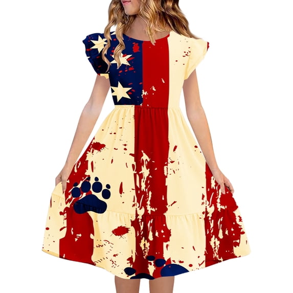 Auroural Girls Dresses Under $10.00 Girl's Summer 250 Year Celebration Printing Pleated Sleeve Dress for 5-14 Years Old