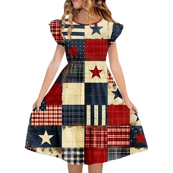 Auroural Girls Dresses Size 10-12 Girl's Summer 250 Year Celebration Printing Pleated Sleeve Dress for 5-14 Years Old