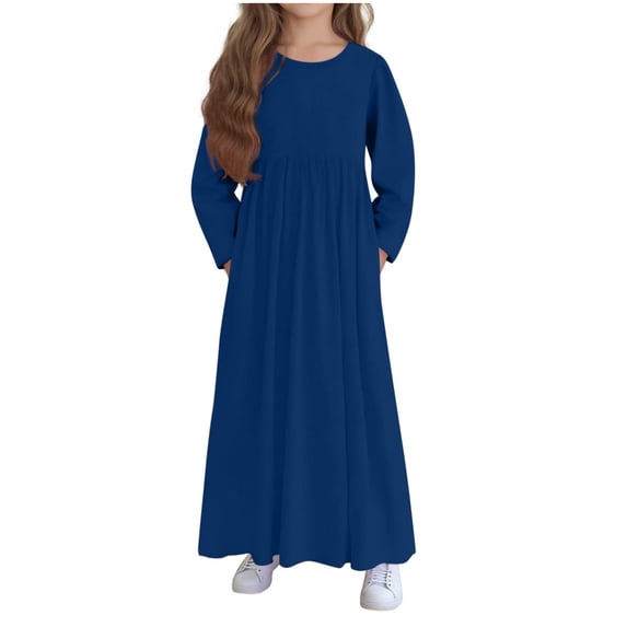 Auroural Girls Dresses Size 10-12 Girls' Solid Color Long Sleeved Round Neck Dress Medium Size Children's Pocket Casual Long Skirt 11 Years
