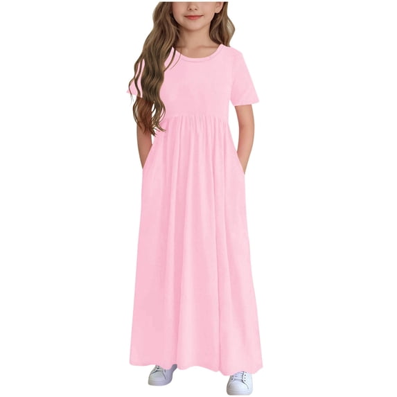 Auroural Girls Dresses Size 12-14 Children's Solid Color Short Sleeve Ruffled Pockets Round-Neck Printed Dress For Kids 12-13 Years