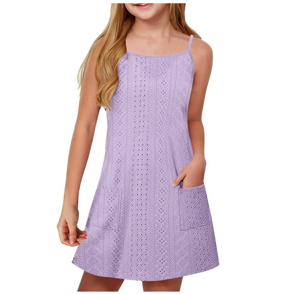 Auroural Girls Dresses Size 7 Zhongda Children's Solid Color Dress Lock Dress Adjustable Strap Dress 7 Years