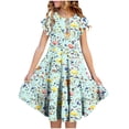 thumbnail image 1 of Auroural Girls Dresses Size 8-10 Girls' Summer Flower Print Short Sleeve Ruffled Pockets Round-Neck Printed Dress For Kids, 1 of 6