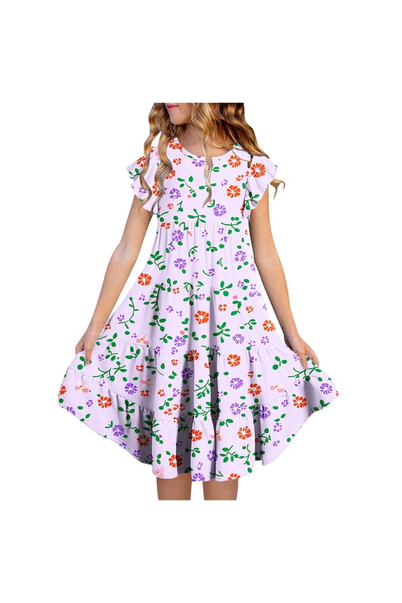 Girls Dresses Size 8-10 Girls' Summer Flower Print Short Sleeve Ruffled Pockets Round-Neck Printed Dress For Kids