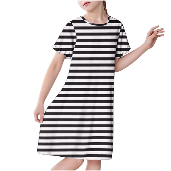 Auroural Girls Dresses Size 8 Girls Clothes Size 8 Sets 3-12 Years Girl's Fashion Striped Printed Dreamy Dress Mid Calf Home Wear Dress