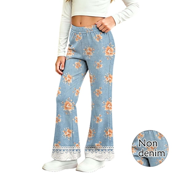 Auroural Girls Flare Pants Pants Bell Bottom Denim Pant Kids Girls Cute Flower Lace Print Soft Elasticity Casual Flared Trousers Pants