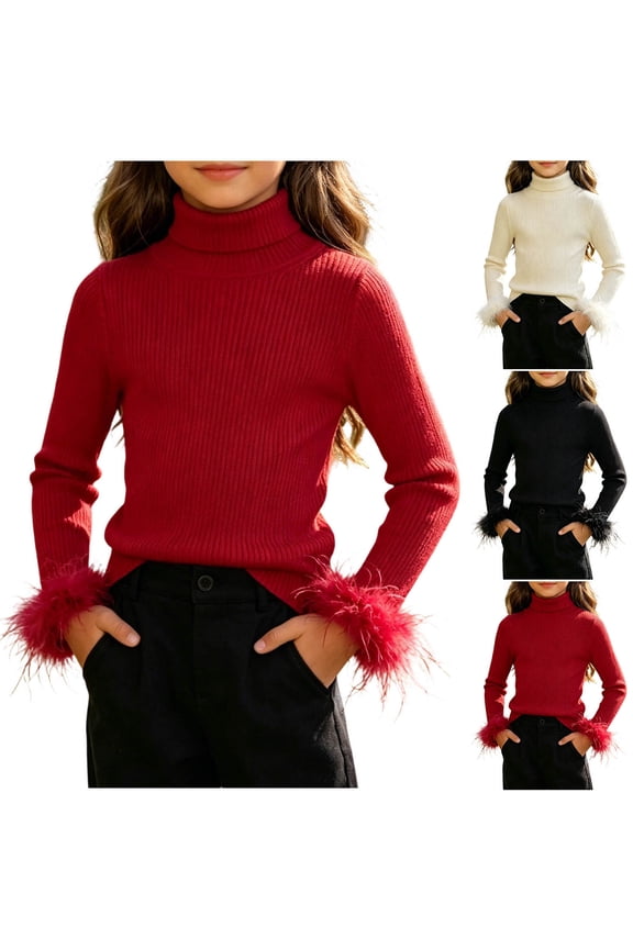 Girls' Fuzzy Cuff Long Sleeve Top Girls Turtleneck Ribbed Knit Sweater Furry Cuff Long Sleeve Slim Base Layer Tops for Kids （0-12 Year）