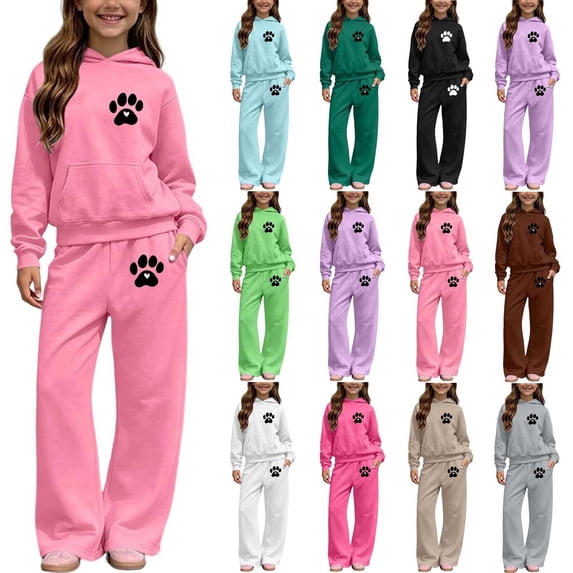 Auroural Girls Hoodies Girls Sweatpants Wide Leg Children's Winter Printed Hooded Sweatshirt Wide-Leg Pants Casual Sports Fleece-Lined Warmth Two-Piece Set Kids