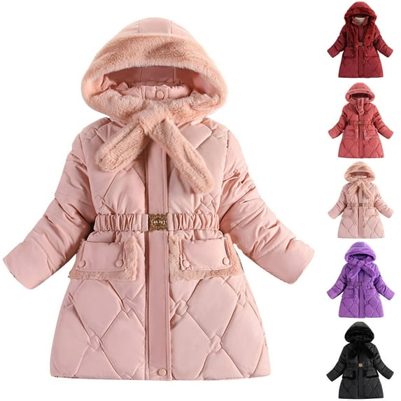 Auroural Girls Jacket Size 8 Girls Winter Coat Size 7 Fashion Girls' Winter ChildrenThick Solid Color Clothes Detachable Hat Mid To Long Length Clothes Winter Coat Clothes Watermelon Red 7 Years