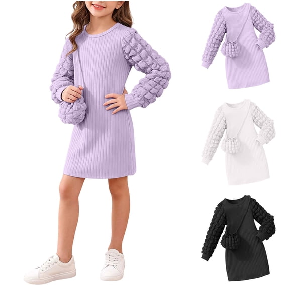 Auroural Girls Long Sleeve Knit Dress with Matching Mini Crossbody Bag Round Neck Ribbed Casual Outfit