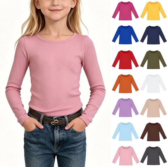 Auroural Girls Long Sleeve Shirts Size 6 Kids Ribbed Long Sleeve Top Crew Neck Stretch Basic Undershirt Girls Basic Top Girls Top Long Sleeve