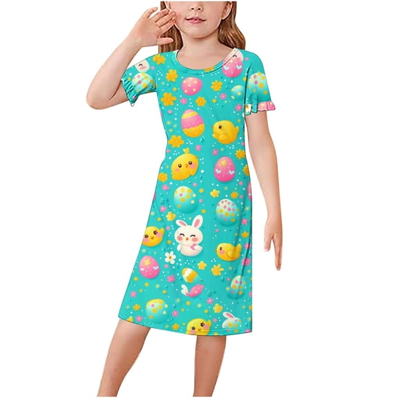 Auroural Girls Nightgowns Size 7-8 3-12 Years Children's Fashion Solid Color Dreamy Pajamas Short Sleeved Round Neck Dress