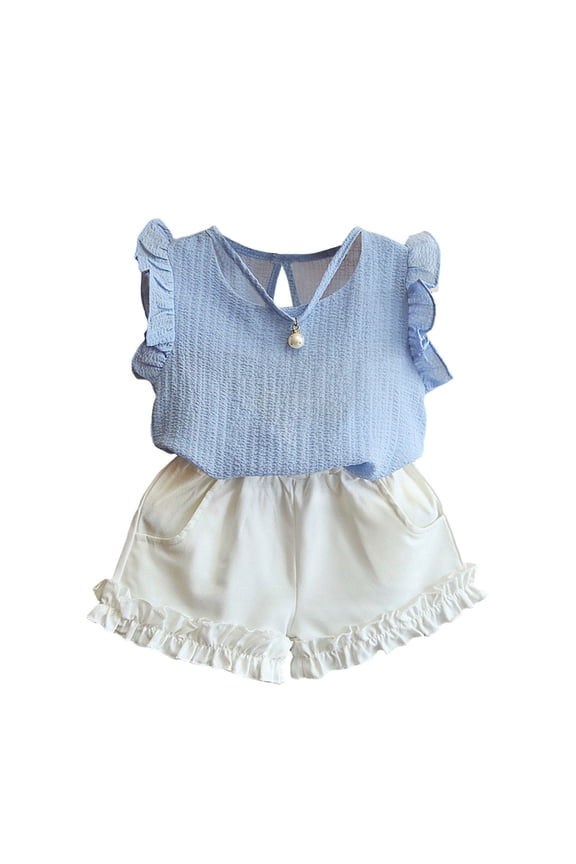 Girls Outfit Sets Size 6 Girls Clothes Size 6 Sets Girls Outfit Sets Summer Flying Sleeve Chiffon Solid Color Sleeveless Fresh Lace Shorts Two-Piece Set