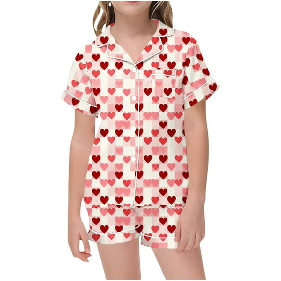 Auroural Girls Pajamas Size 12 Girls Button Front Pajama Top & Shorts Set, Heart Shaped Print, 2-Piece, Sizes 2-14 & Plus