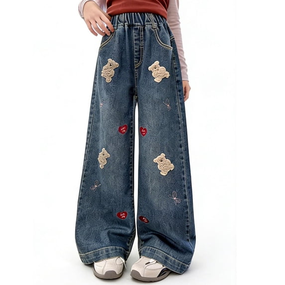 Auroural Girls Pants 10/12 Girls Jeans Size 12 Wide Leg Children's Print Knot Denim Straight Leg Pants For Girls Fashionable Wide Leg Jeans For Kids Spring Kids' Pants Dark Blue 12-13Years