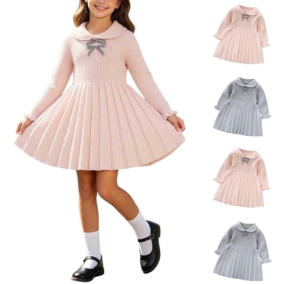 Auroural Girls' Plaid Bow Knit Sweater Dress Fall And Winter Long Sleeved Casual And Comfortable Dress Girls Fall Winter Sweater Long Sleeve Knit Dresses Girls Long Sleeve Dresses