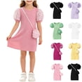thumbnail image 1 of Auroural Girls Puff Short Sleeve Ribbed Dress with Matching Mini Crossbody Bag, 1 of 7