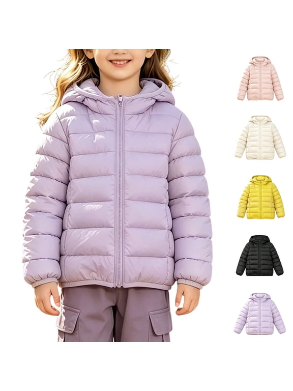 Girls Puffer Jacket with Hood Children's Winter Solid Color Long Sleeves Hooded Zipper Quilted Coat Keep Warm Coat Kids 0-15 Years
