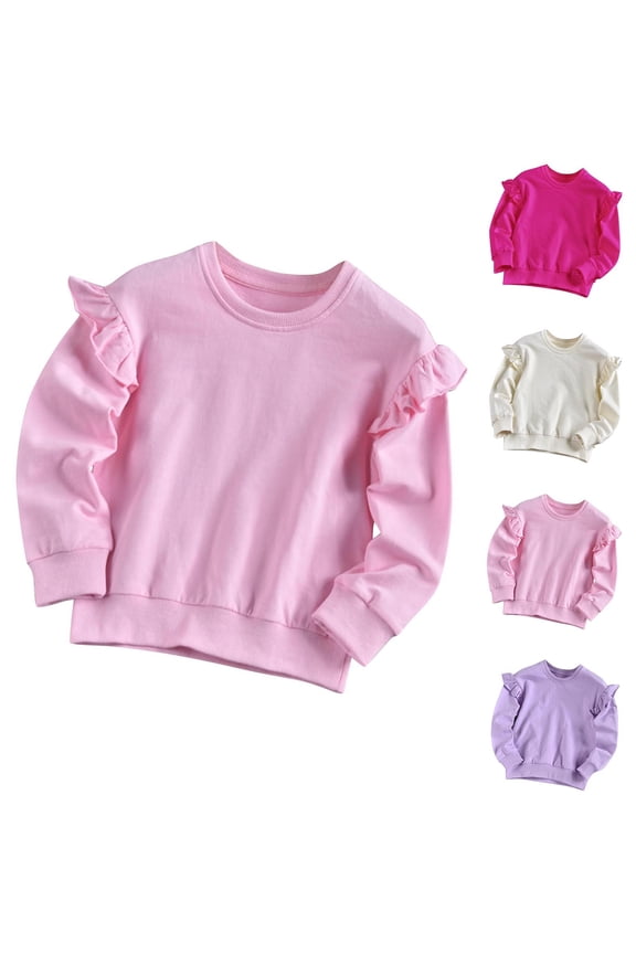 Girls Ruffle Sweatshirt Children's Flying Sleeves Solid Color Long Sleeved Round Neck Casual Loose Sweatshirt (2-8 Year)